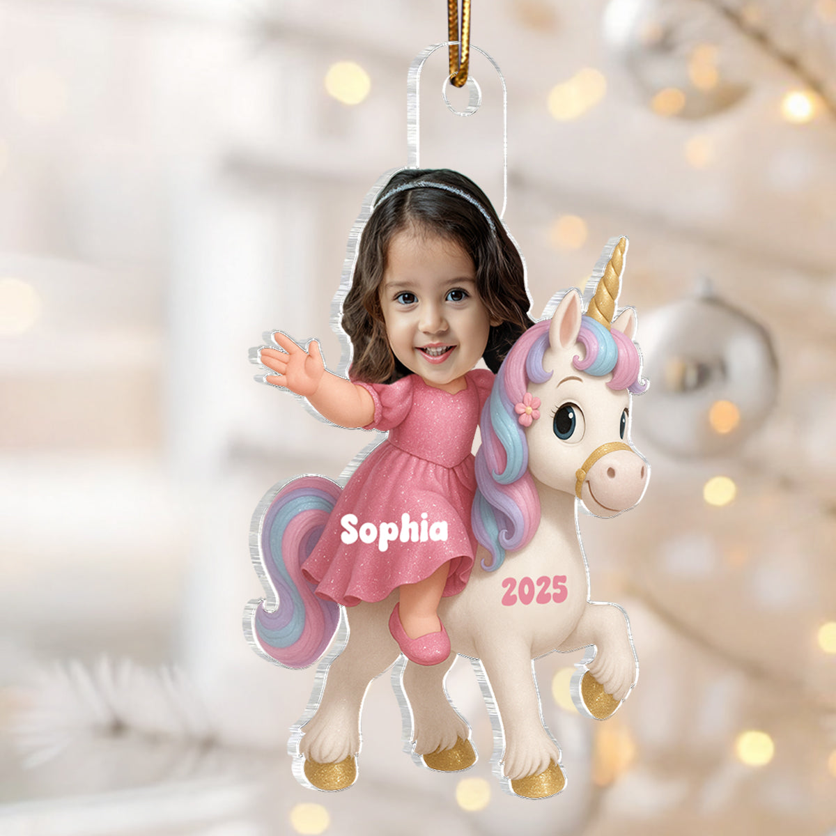 3D Effect Custom Kid Photo Face With Unicorn Christmas Personalized Acrylic Ornament