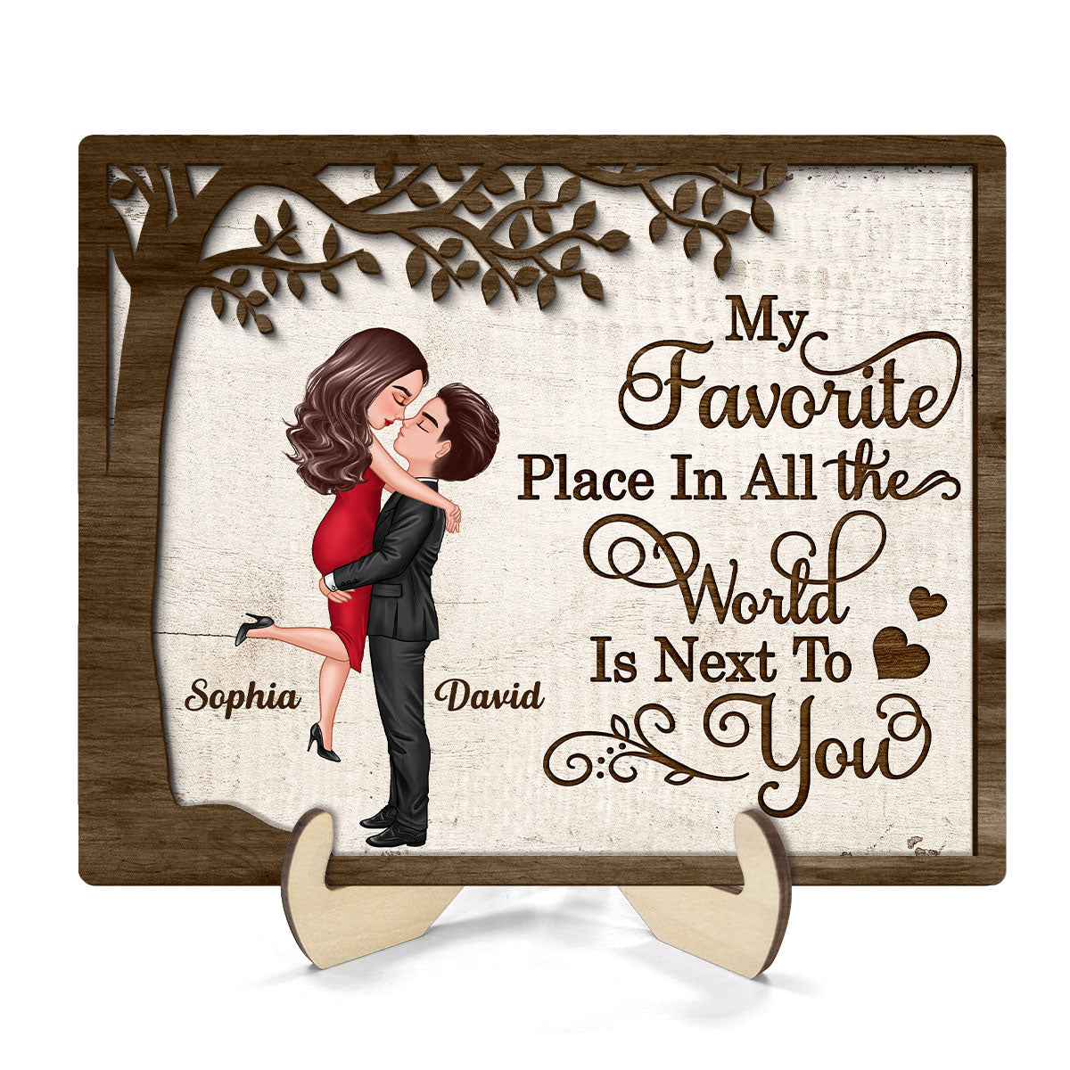 My Favorite Place In All The World Hugging Couple Personalized 2-Layer Wooden Plaque, Gift For Him, For Her