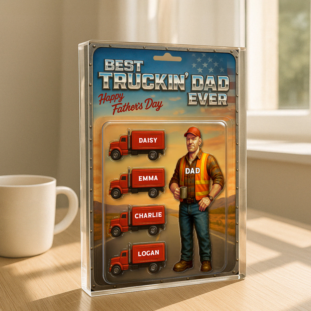 Best Truckin' Dad Ever Nation Flag Custom Action Figure Personalized Acrylic Block Plaque,  Gift for Trucker Dad
