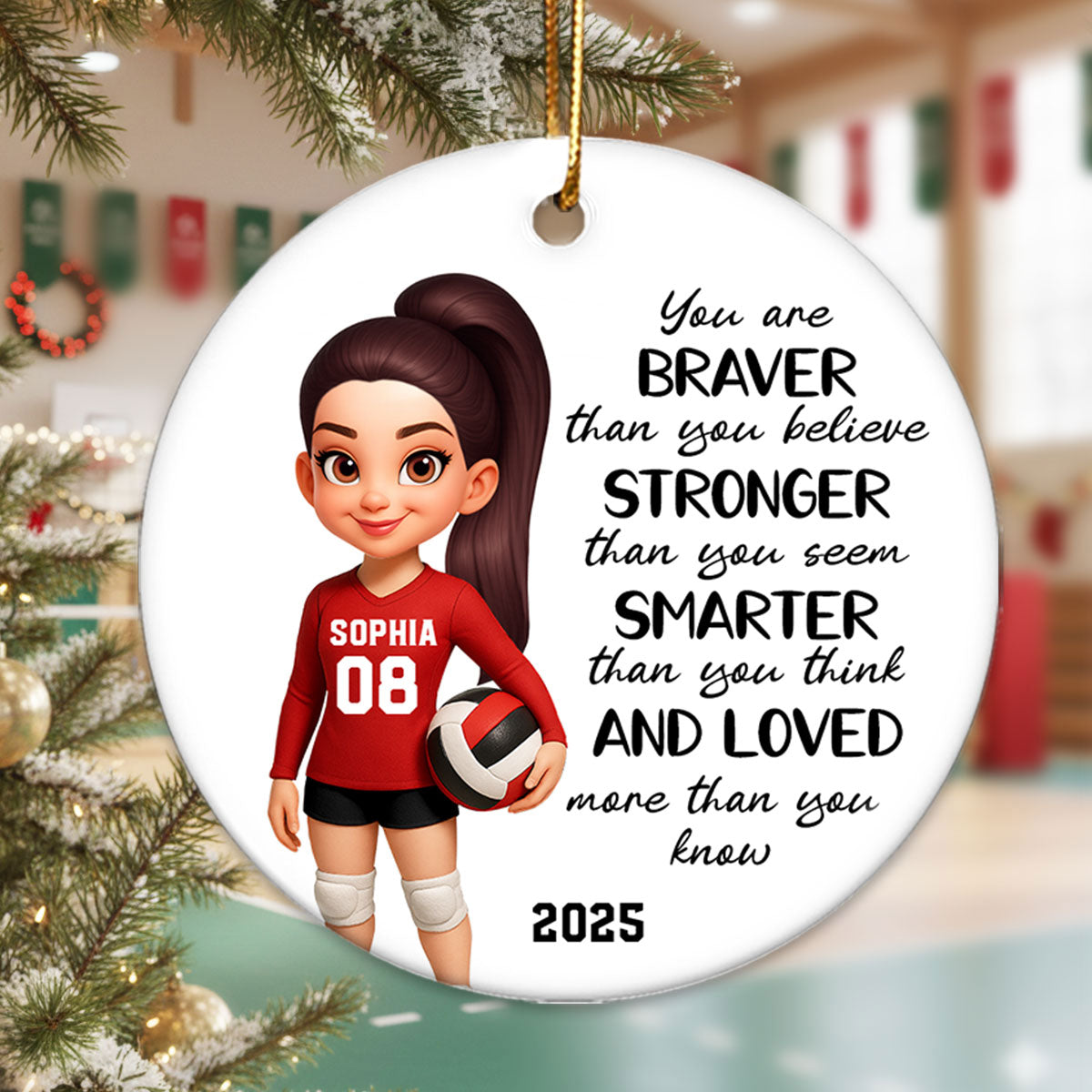 Christmas Volleyball Player Emotional Support You Are Braver Than You Think - Personalized Ceramic Ornament