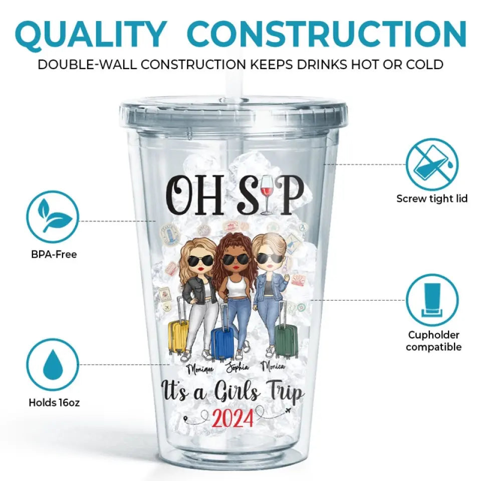 Holy Sip! It's A Besties Trip - Bestie Personalized Custom Clear Acrylic Tumbler - Summer Vacation Gift For Best Friends, BFF, Sisters