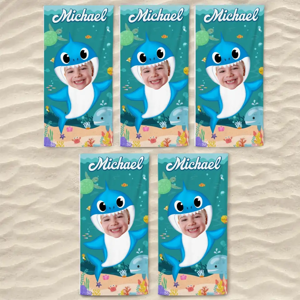 Custom Photo Baby Shark - Family Personalized Custom Beach Towel - Summer Vacation Gift, Birthday Pool Party Gift For Family Members