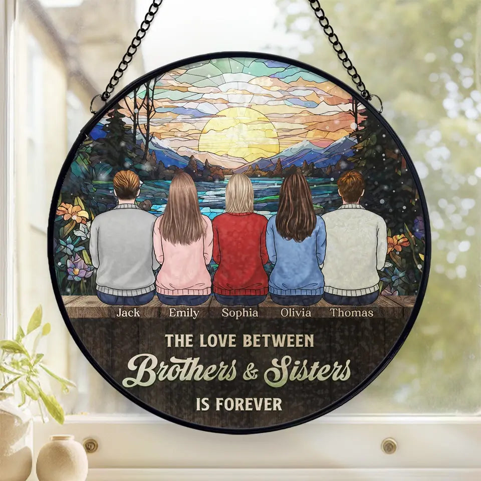 The Love Between Siblings Knows No Boundaries - Family Personalized Custom Stained Glass Window Hanging Suncatcher - Christmas Gift For Siblings, Brothers, Sisters