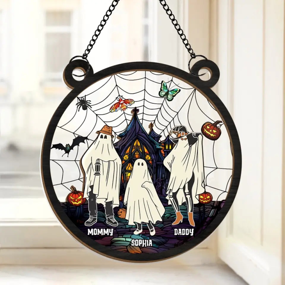 Wishing You A Haunting Night - Family Personalized Window Hanging Suncatcher - Halloween Gift For Family Members