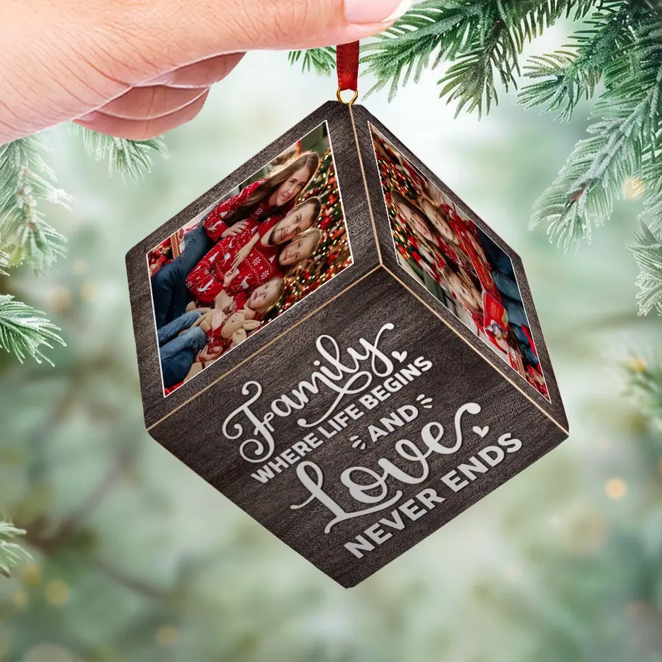 Custom Photo Family Where Life Begins & Love Never Ends - Family Personalized Custom Wooden Cube Ornament - Christmas Gift For Family Members