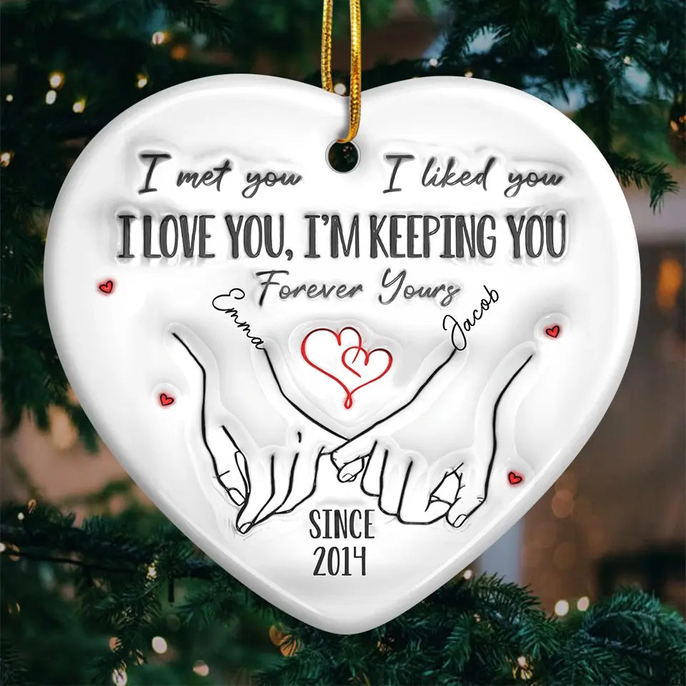 Merry And Bright, With You By My Side - Couple Personalized Custom 3D Inflated Effect Printed Ornament - Ceramic Heart Shaped - Christmas Gift For Husband Wife, Anniversary