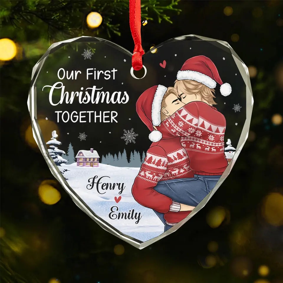 A Beautiful Sight, We're Happy Tonight	- Couple Personalized Custom Heart Glass Ornament - Christmas Gift For Husband Wife, Anniversary, First Christmas