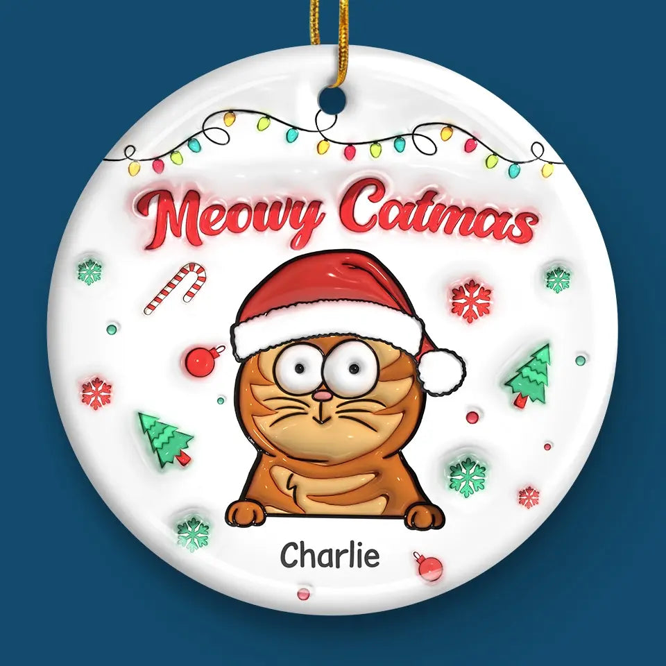 Season's Greetings - Dog & Cat Personalized Custom 3D Inflated Effect Printed Ornament - Ceramic Round Shaped - Christmas Gift For Pet Owners, Pet Lovers