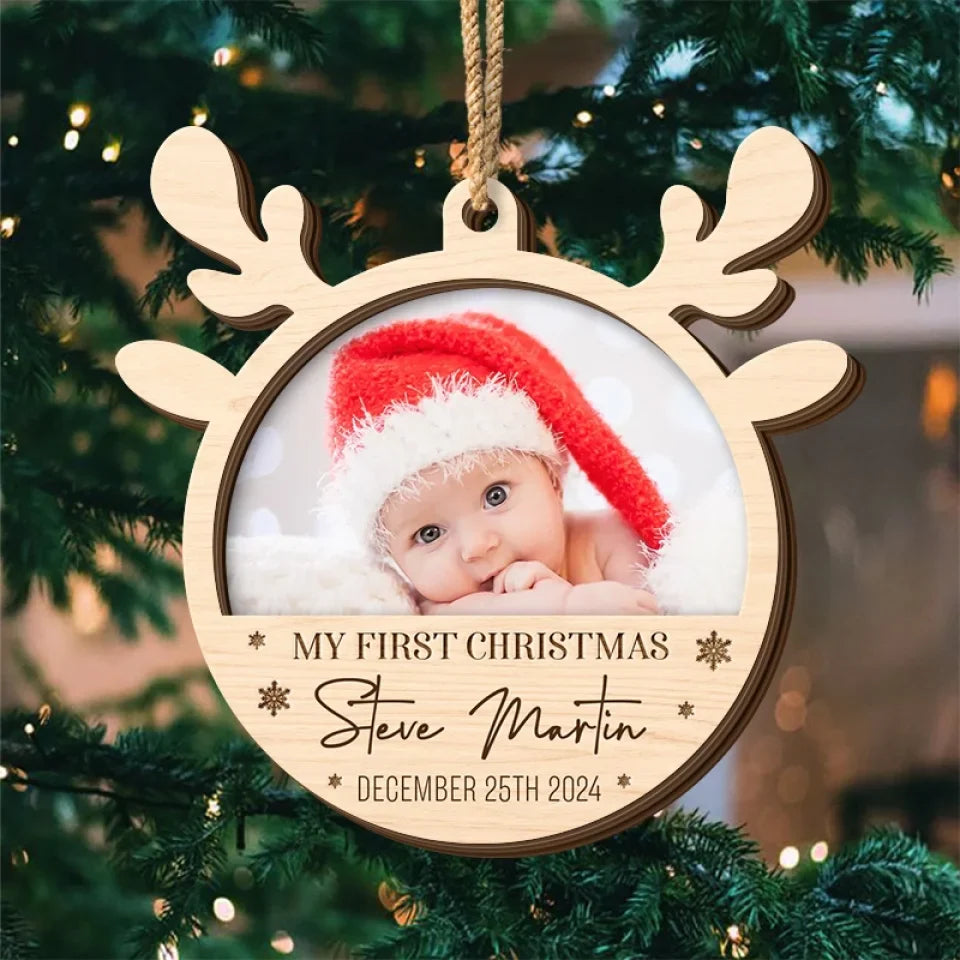 Custom Photo Our Little Reindeer Is Ready For Their First Sleigh Ride! - Family Personalized Custom Shaped 2 Layered Wood Christmas Ornament - Christmas Gift For Baby Kids, Newborn Baby