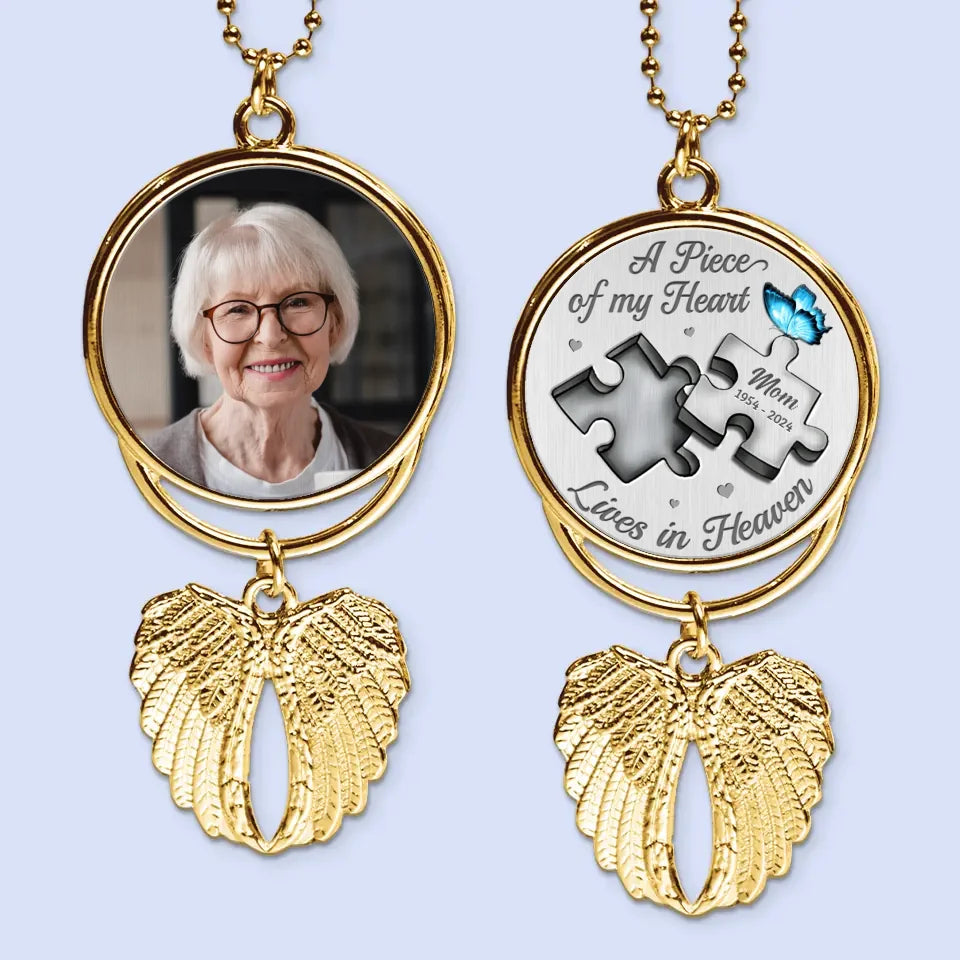 Custom Photo A Piece Of My Heart Lives In Heaven - Personalized Custom Memorial Charm Angel Wings - Sympathy Gift For Family Members