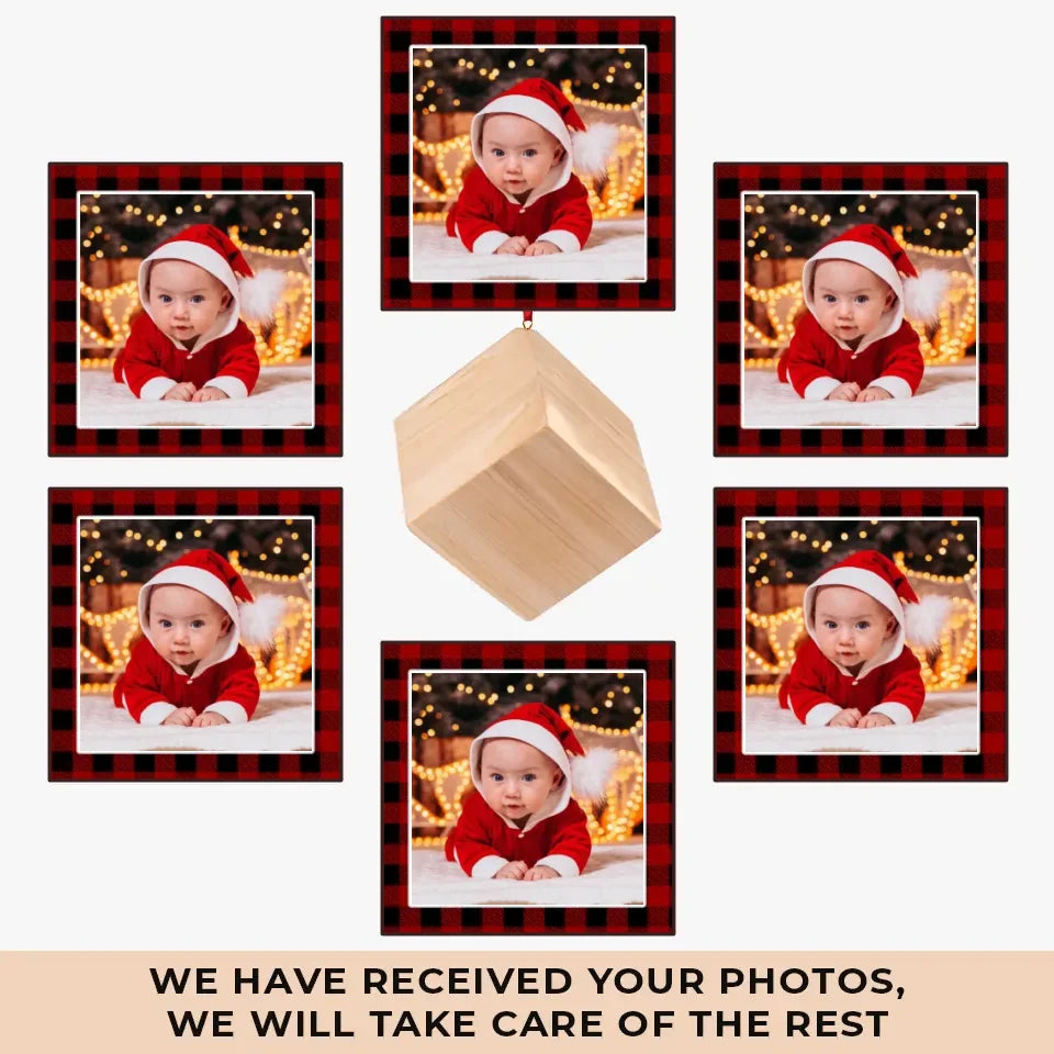 Custom Photo Here Comes The Sunshine Of Our Family - Family Personalized Custom Wooden Cube Ornament - Christmas Gift For Baby Kids, Newborn Baby