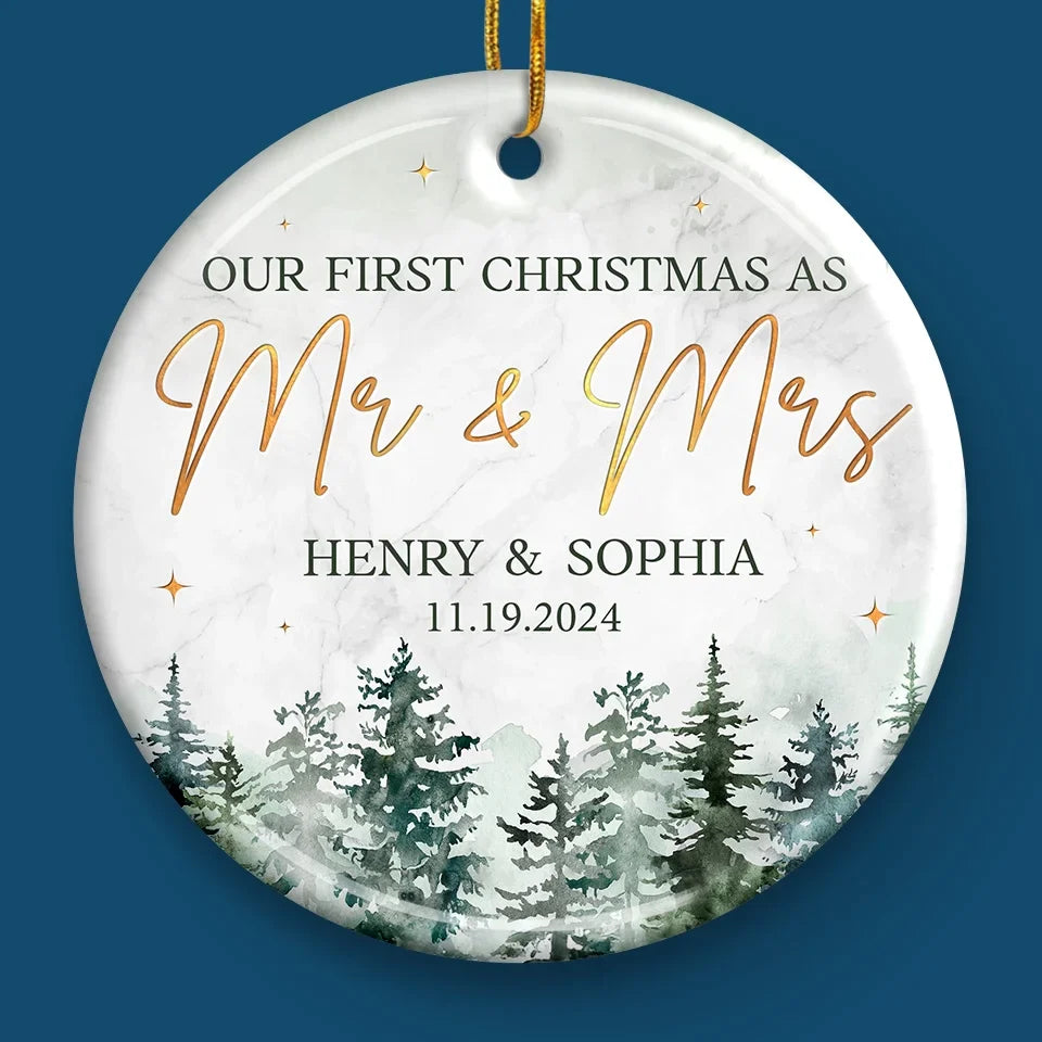 First Christmas Married - Couple Personalized Custom Ornament - Ceramic Round Shaped - Christmas Gift For Husband Wife, Anniversary, First Christmas
