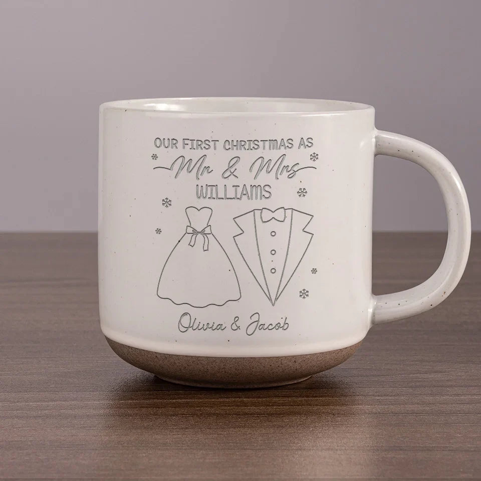 Here’s To Cozy Mornings And Warm Moments - Couple Personalized Custom Pottery Mug - Christmas Gift For Husband Wife, Anniversary, First Christmas