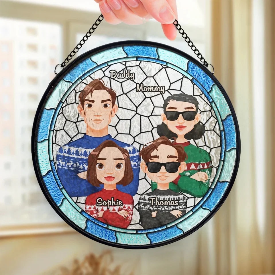 Cherishing Family Moments This Christmas - Family Personalized Custom Stained Glass Window Hanging Suncatcher - Christmas Gift For Family Members