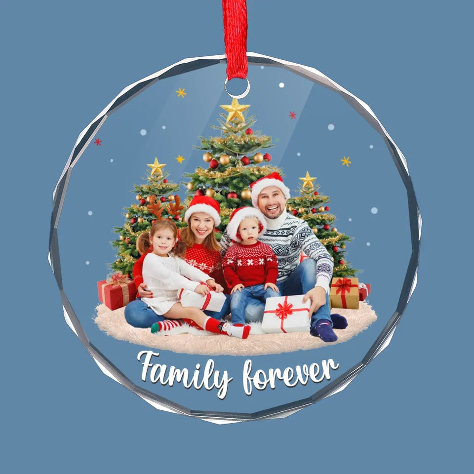 Custom Photo Christmas With My Family Is My Happy Place - Family Personalized Custom Circle Glass Ornament - Christmas Gift For Family Members