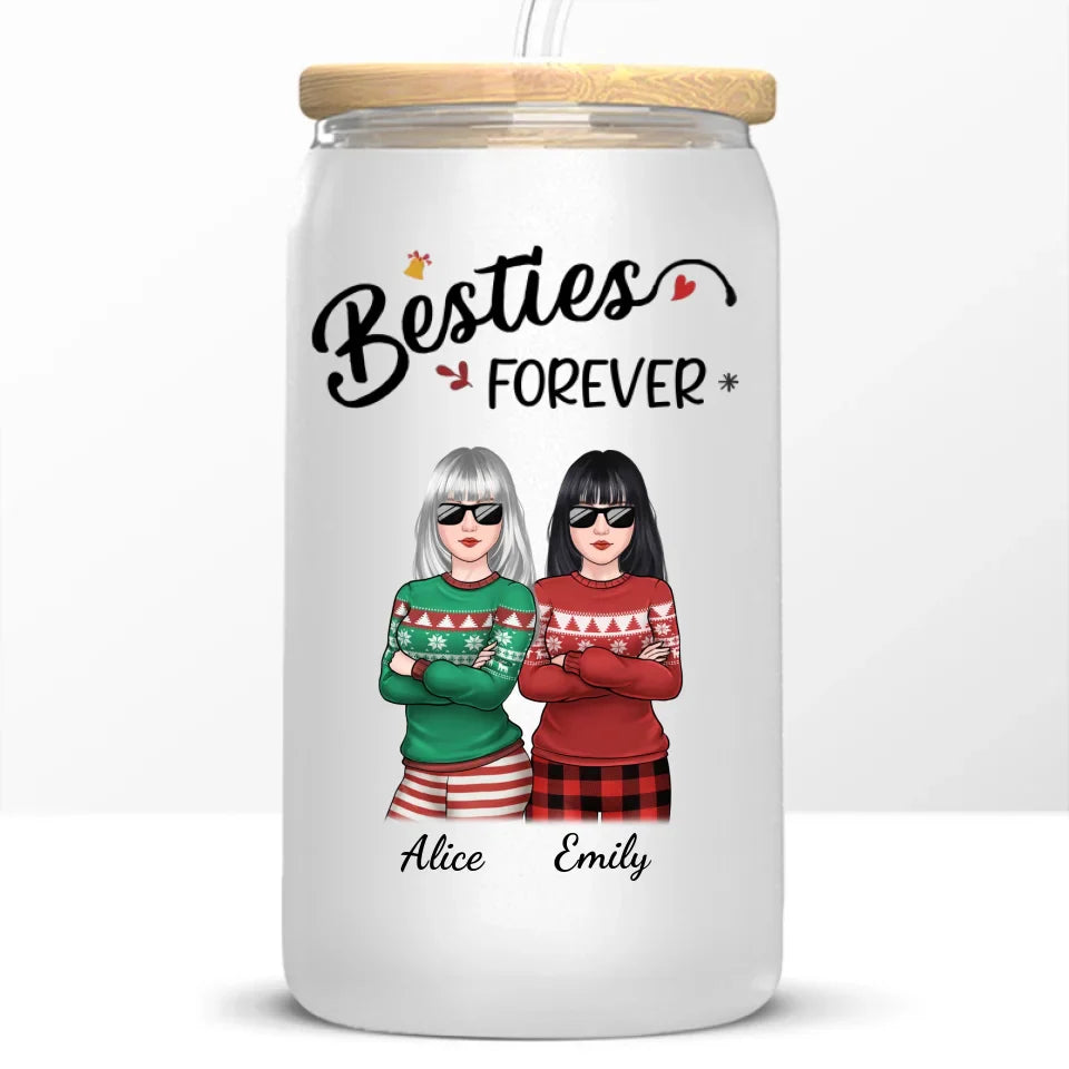 Homies For The Holidays - Bestie Personalized Custom Glass Cup, Iced Coffee Cup - Christmas Gift For Best Friends, BFF, Sisters