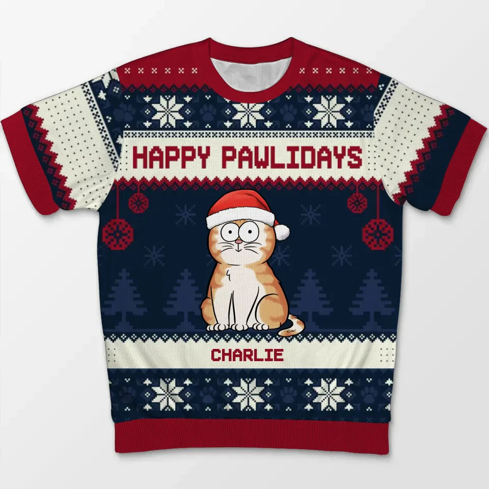 Happy Pawlidays - Dog & Cat Personalized Custom All Over Print Adult Short Sleeve Sweater - Christmas Gift For Pet Owners, Pet Lovers