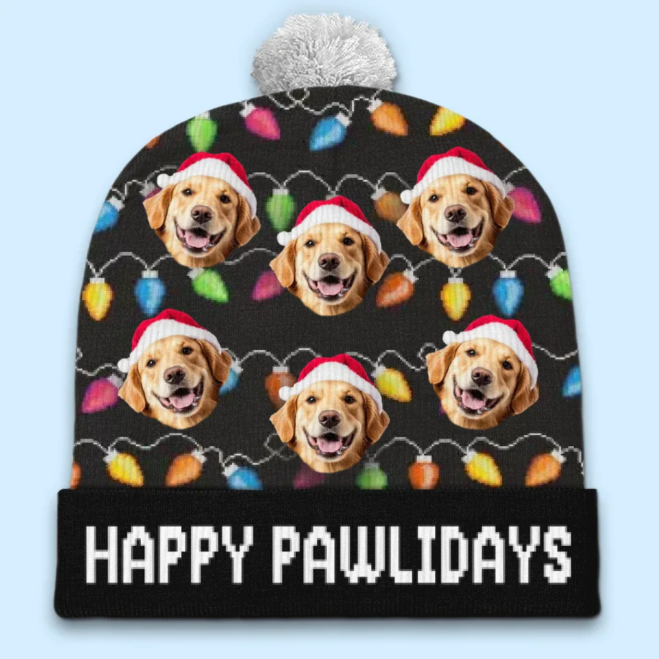 Custom Photo Happy Pawlidays - Dog & Cat Personalized Custom Christmas Beanie Hat - Christmas Gift For Pet Owners, Pet Lovers