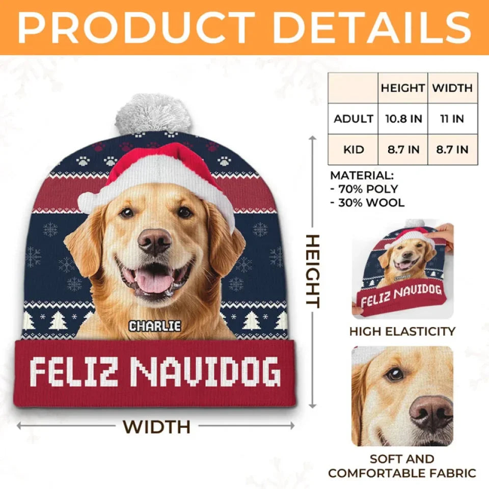 Custom Photo Feliz Navidog - Dog & Cat Personalized Custom Christmas Beanie Hat - Christmas Gift For Pet Owners, Pet Lovers