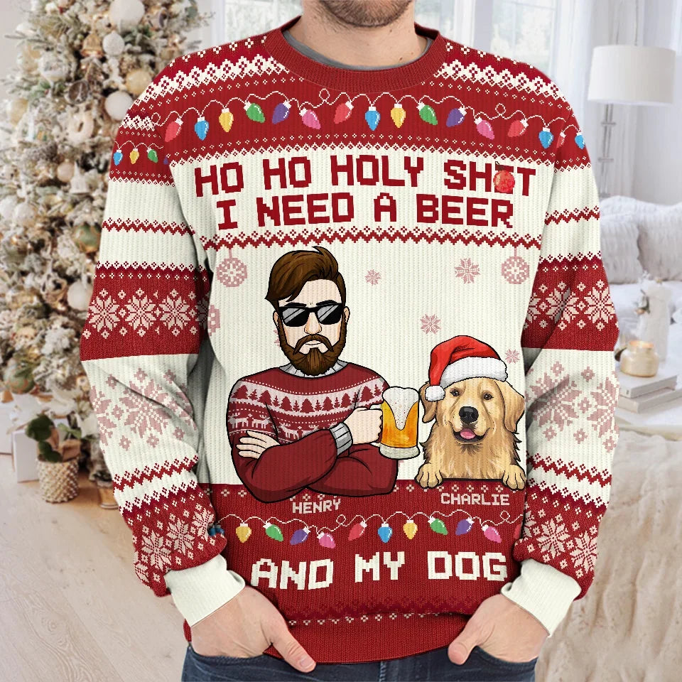 Sipping On A Beer And Snuggling With My Dog This Christmas - Dog Personalized Custom Ugly Sweatshirt - Unisex Wool Jumper - Christmas Gift For Pet Owners, Pet Lovers