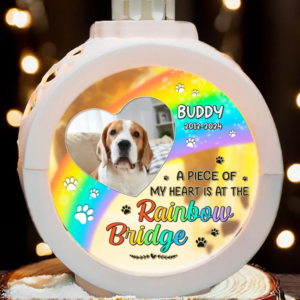 Custom Photo A Piece Of My Heart Is At The Rainbow Bridge - Memorial Personalized Custom Candlelight Lantern Ornament - Christmas Gift, Sympathy Gift For Pet Owners, Pet Lovers