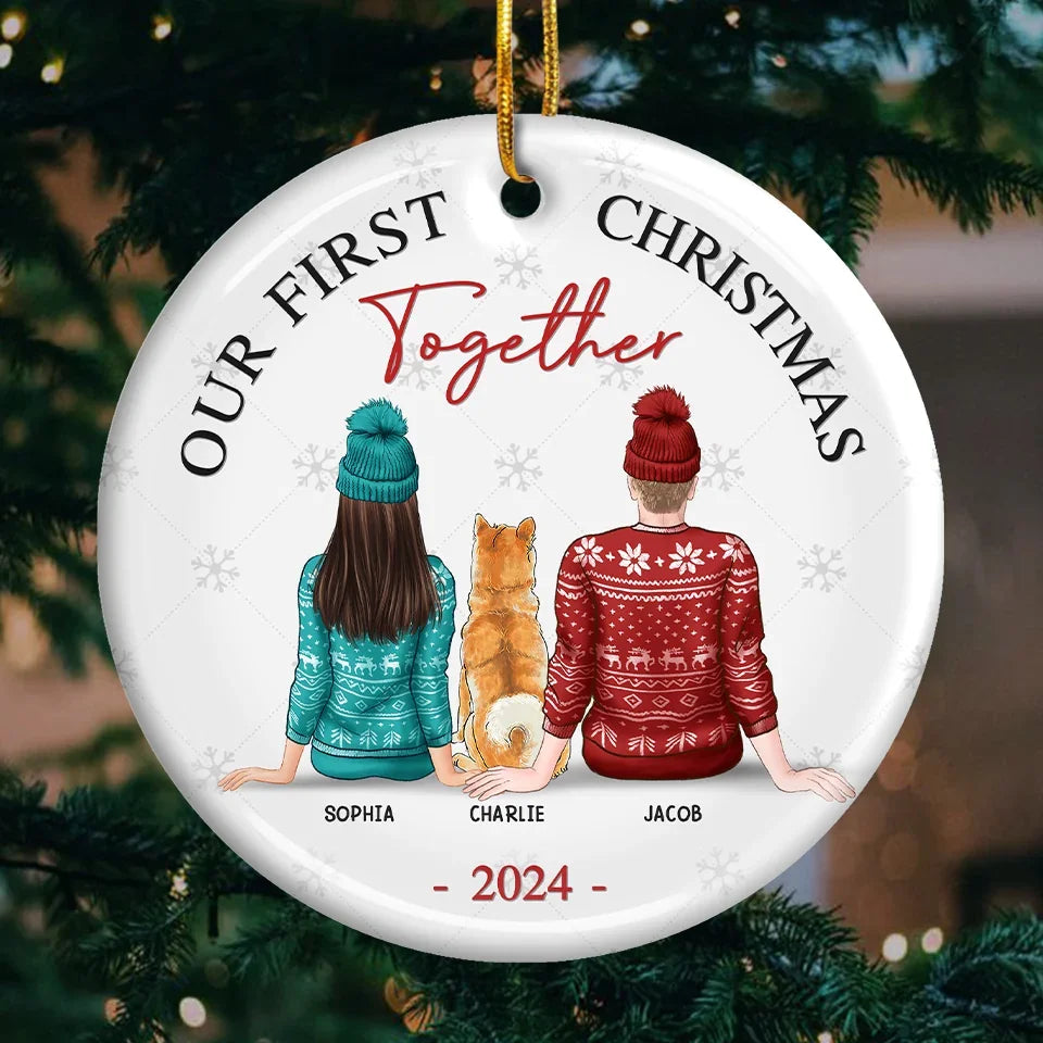The Best Presents This Year - Couple Personalized Custom Ornament - Ceramic Round Shaped - Christmas Gift For Husband Wife, Anniversary, Pet Owners, Pet Lovers