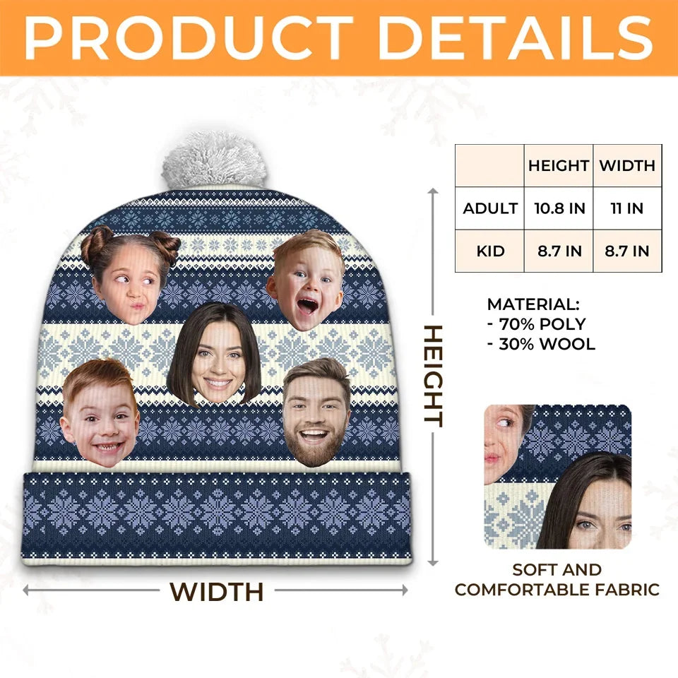 Custom Photo Family Makes Christmas Merrier And Brighter - Family Personalized Custom Christmas Beanie Hat - Christmas Gift For Family Members