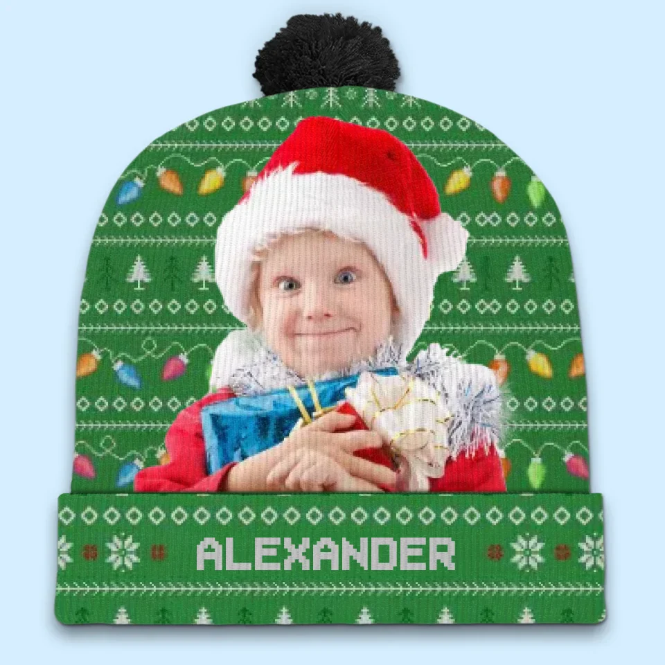 Custom Photo Wherever We Are, Family Is Christmas - Family Personalized Custom Christmas Beanie Hat - Christmas Gift For Family Members