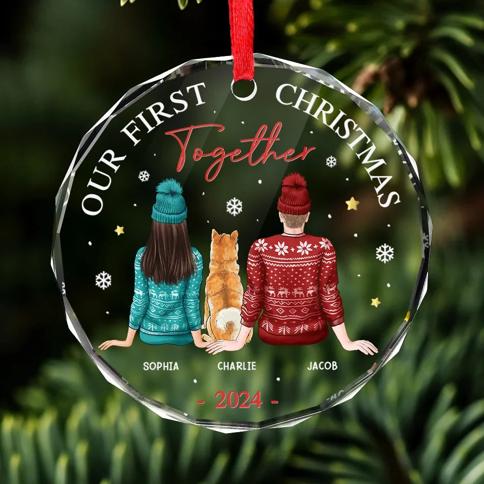 Our First Christmas Together - Dog & Cat Personalized Custom Circle Glass Ornament - Christmas Gift For Husband Wife, Anniversary, First Christmas, Pet Owners, Pet Lovers