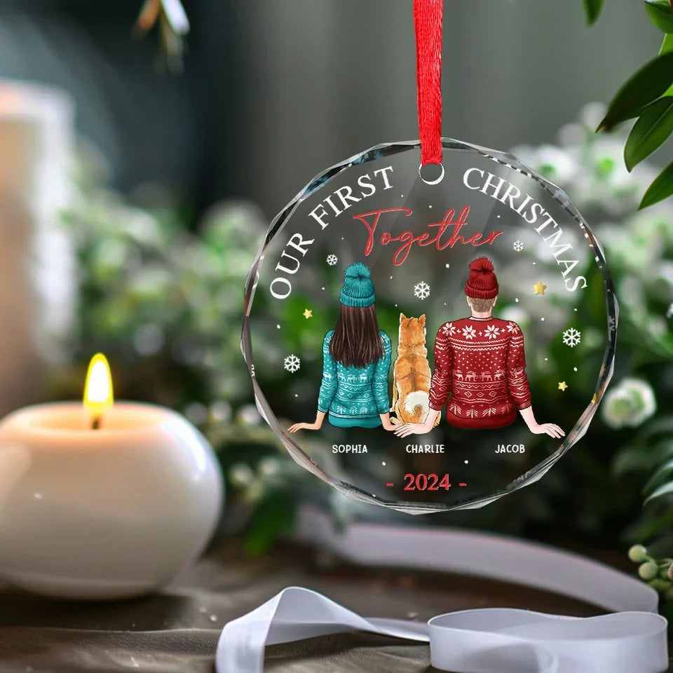 Our First Christmas Together - Dog & Cat Personalized Custom Circle Glass Ornament - Christmas Gift For Husband Wife, Anniversary, First Christmas, Pet Owners, Pet Lovers