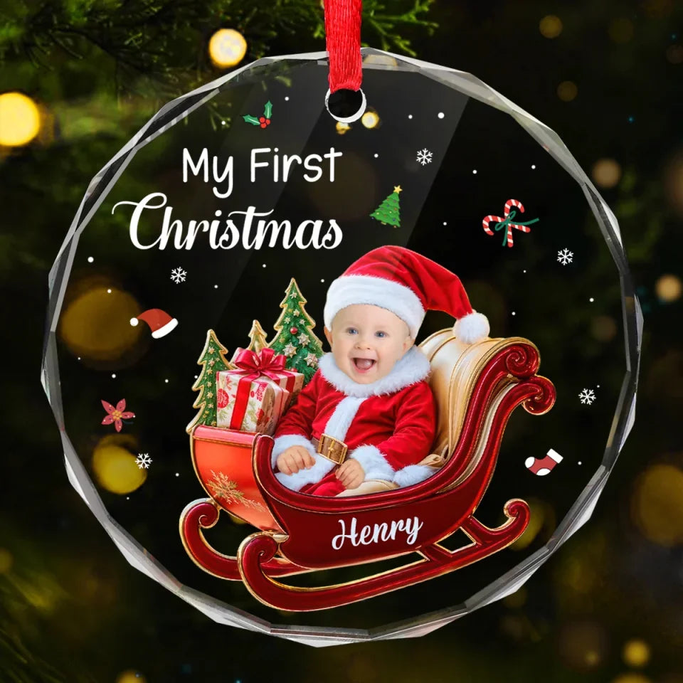 Custom Photo My Adorable Little Santa Who Brings Joy To My Heart - Family Personalized Custom Circle Glass Ornament - Christmas Gift For Baby Kids, Newborn Baby, First Christmas