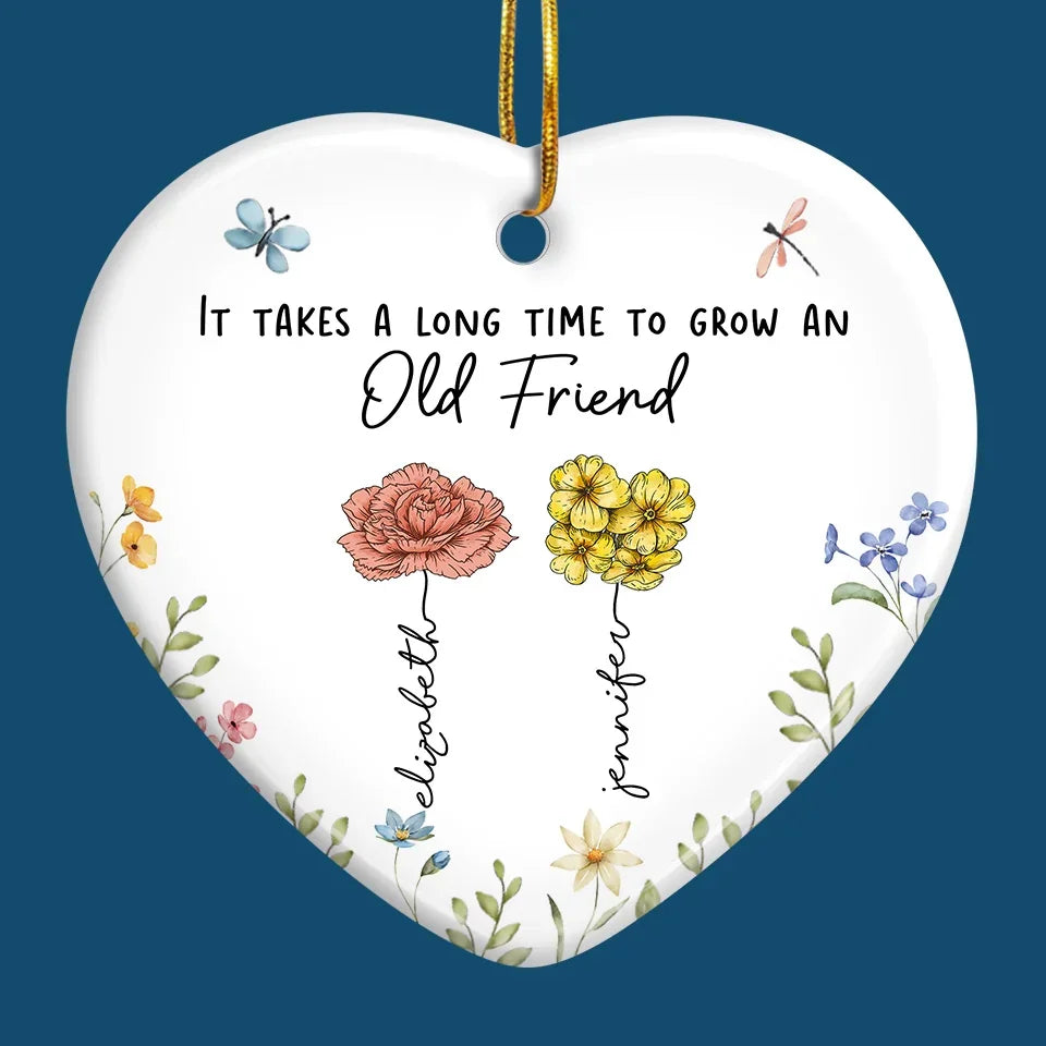Besties Bloom Together Like Wildflowers - Bestie Personalized Custom Ornament - Ceramic Heart Shaped - Christmas Gift For Best Friends, BFF, Sisters
