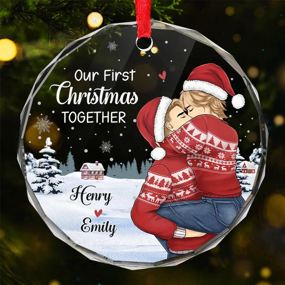 Our First Christmas - Couple Personalized Custom Circle Glass Ornament - Gift For Husband Wife, Anniversary, First Christmas