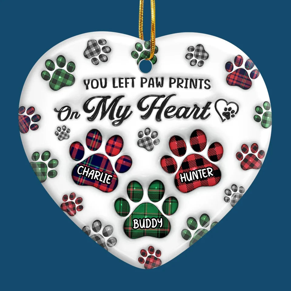 You Left Paw Prints On Our Hearts - Memorial Personalized Custom 3D Inflated Effect Printed Ornament - Ceramic Heart Shaped - Sympathy Gift, Christmas Gift For Pet Owners, Pet Lovers