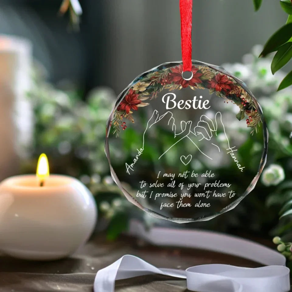 Hand In Hand, We Face The World Together - Bestie Personalized Custom Circle Glass Ornament - Christmas Gift For Best Friends, BFF, Sisters