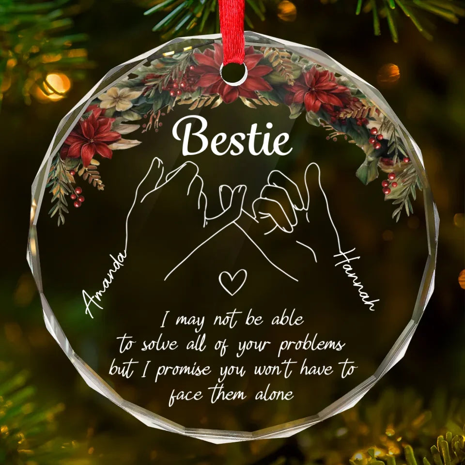 Hand In Hand, We Face The World Together - Bestie Personalized Custom Circle Glass Ornament - Christmas Gift For Best Friends, BFF, Sisters