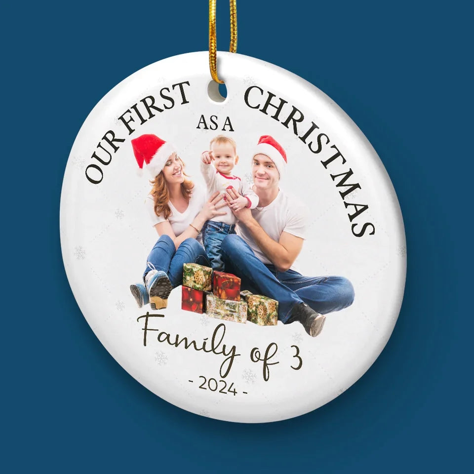 Custom Photo Our First Christmas As A Family - Family Personalized Custom Ornament - Ceramic Round Shaped - Christmas Gift For Family Members, First Christmas