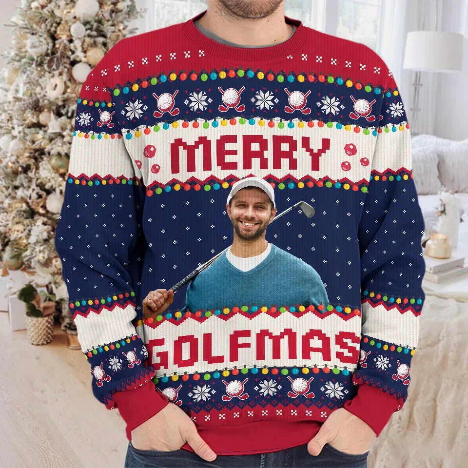 Custom Photo Wishing You Birdies And Holiday Cheer - Sport Personalized Custom Ugly Sweatshirt - Unisex Wool Jumper - Christmas Gift For Golf Players, Golf Lovers
