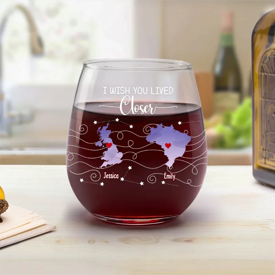 Never Too Far To Drink Together - Bestie Personalized Custom Wine Glass - Gift For Best Friends, BFF, Sisters