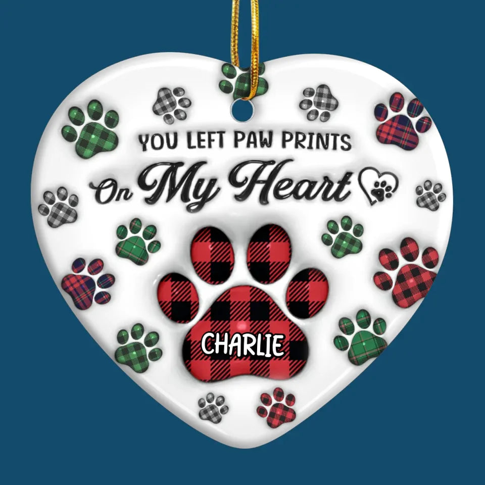 You Left Paw Prints On My Heart - Memorial Personalized Custom 3D Inflated Effect Printed Ornament - Ceramic Heart Shaped - Sympathy Gift, Christmas Gift For Pet Owners, Pet Lovers