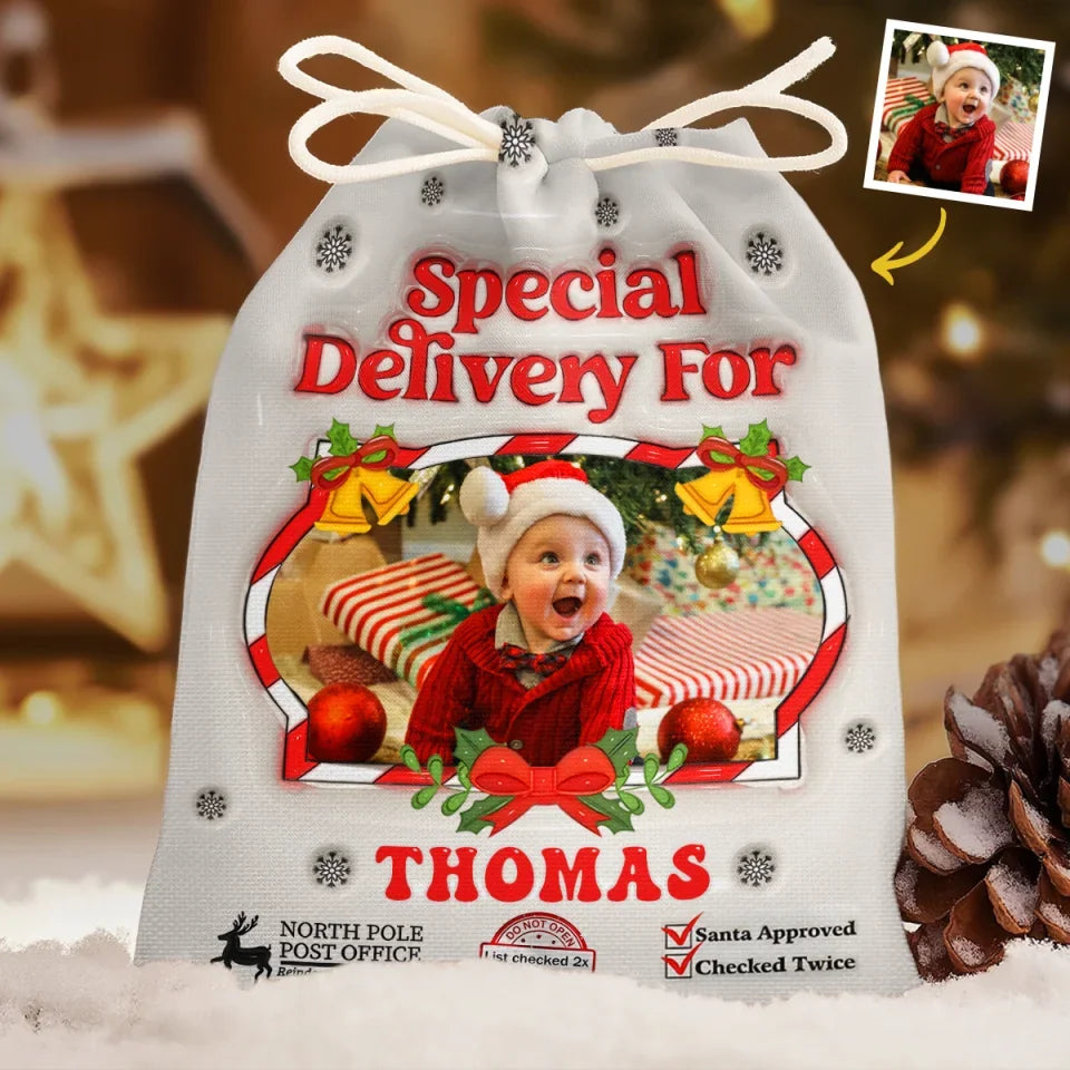 Custom Photo Special Delivery For - Personalized Custom 3D Inflated Effect Printed Christmas Favor Bag - Christmas Gift For Kid
