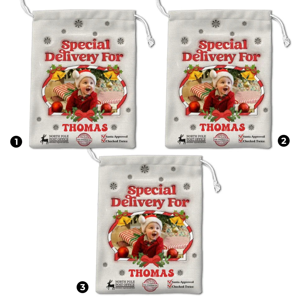 Custom Photo Special Delivery For - Personalized Custom 3D Inflated Effect Printed Christmas Favor Bag - Christmas Gift For Kid