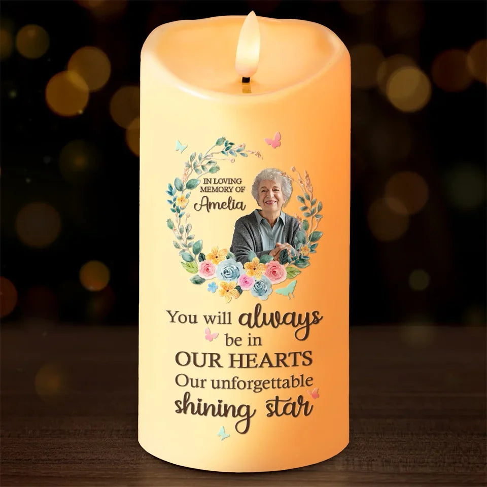 Custom Photo Our Unforgettable Shining Star - Memorial Personalized Custom LED Candle - Sympathy Gift, Christmas Gift For Family Members