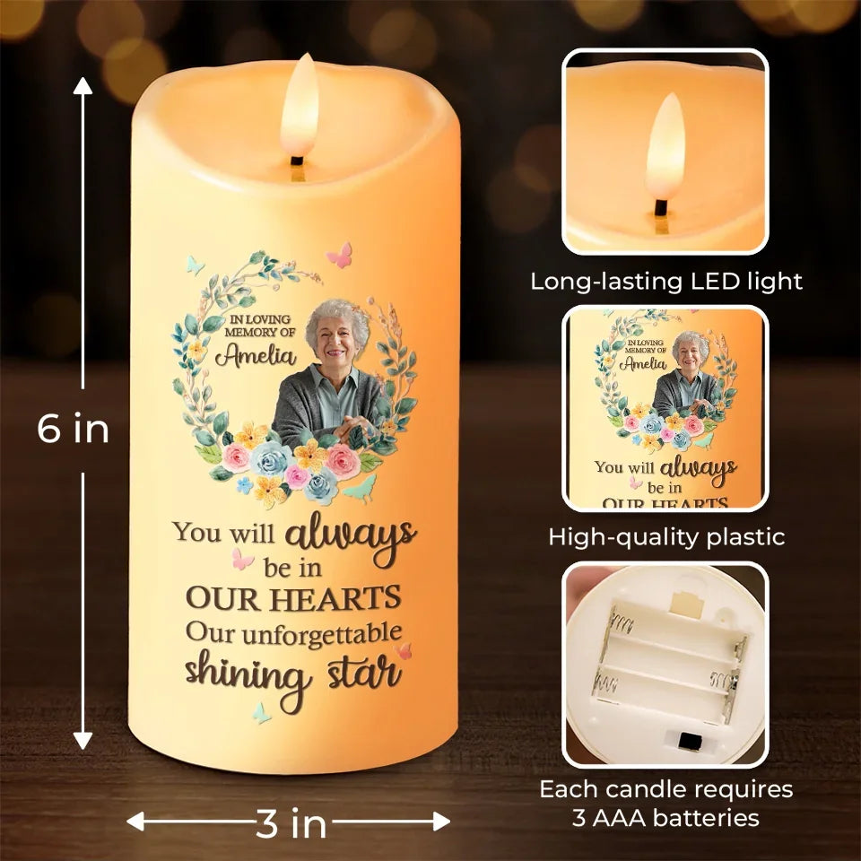 Custom Photo Our Unforgettable Shining Star - Memorial Personalized Custom LED Candle - Sympathy Gift, Christmas Gift For Family Members