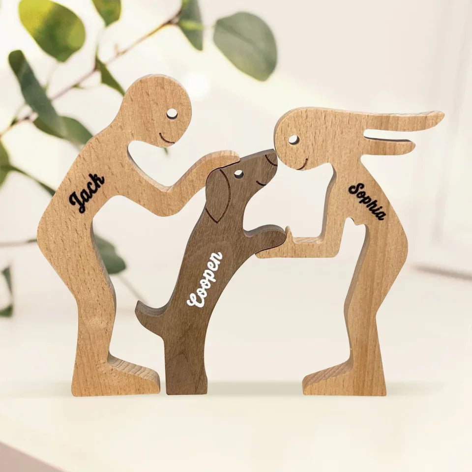 Love Makes A Family - Dog & Cat Personalized Custom Shaped Wooden Art Puzzle - Wooden Pet Carvings, Wood Sculpture Table Ornaments, Carved Wood Decor - Gift For Pet Owners, Pet Lovers