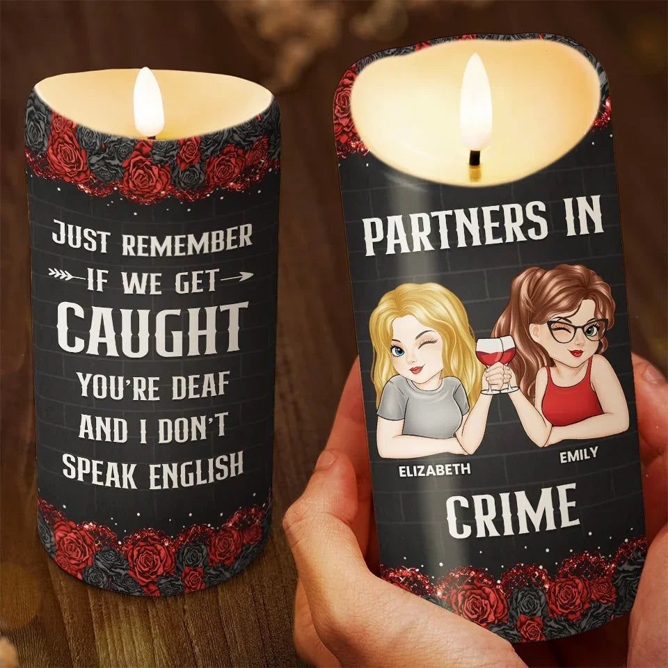Partners In Crime - Bestie Personalized Custom LED Candle - Christmas Gift For Best Friends, BFF, Sisters