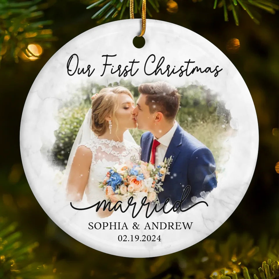 Custom Photo Our First Year Married - Couple Personalized Custom Ornament - Ceramic Round Shaped - New Arrival, Christmas Gift For Husband Wife, Anniversary, First Christmas AMZ