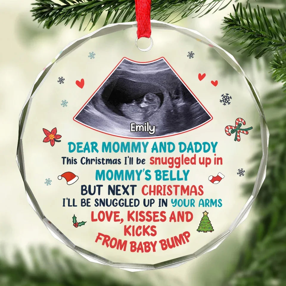 Custom Photo This Christmas I'll Be Snuggled In Mommy's Belly - Family Personalized Custom Circle Glass Ornament - Christmas Gift For Baby Kids, Newborn Baby