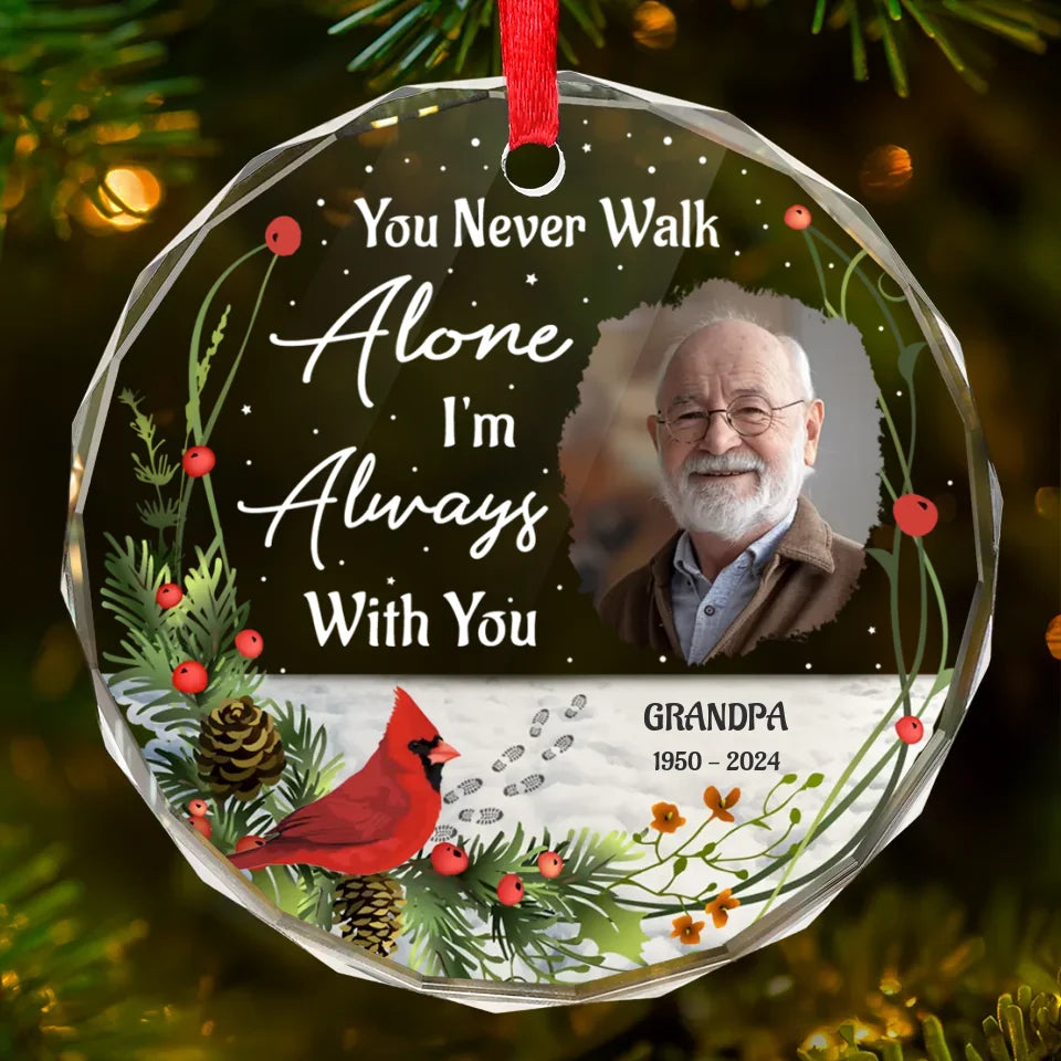 Custom Photo Love Never Dies, It Simply Transcends - Memorial Personalized Custom Circle Glass Ornament - Sympathy Gift, Christmas Gift For Family Members