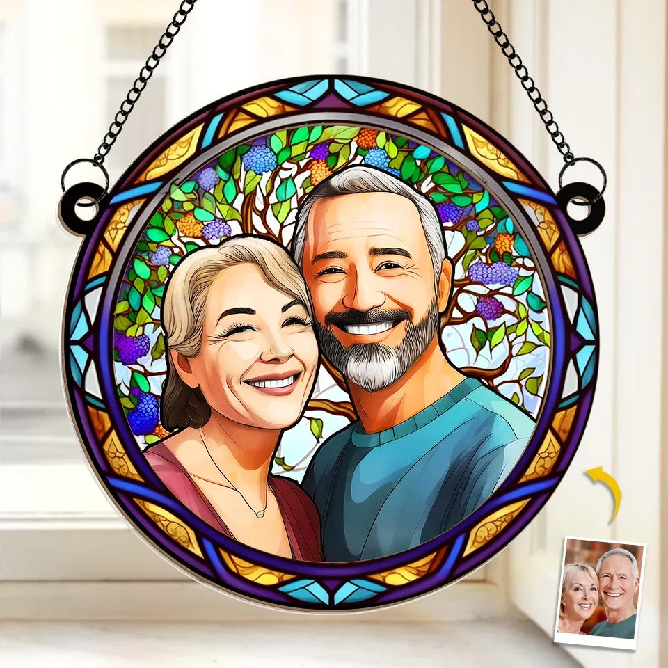 Custom Photo A True Love Story Never Ends - Couple Personalized Window Hanging Suncatcher Ornament - Gift For Husband Wife, Anniversary